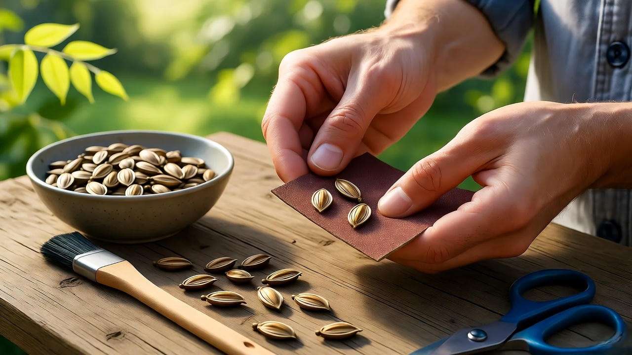 Close-up of hands scarifying wisteria tree seeds with sandpaper and soaked seeds in a bowl".