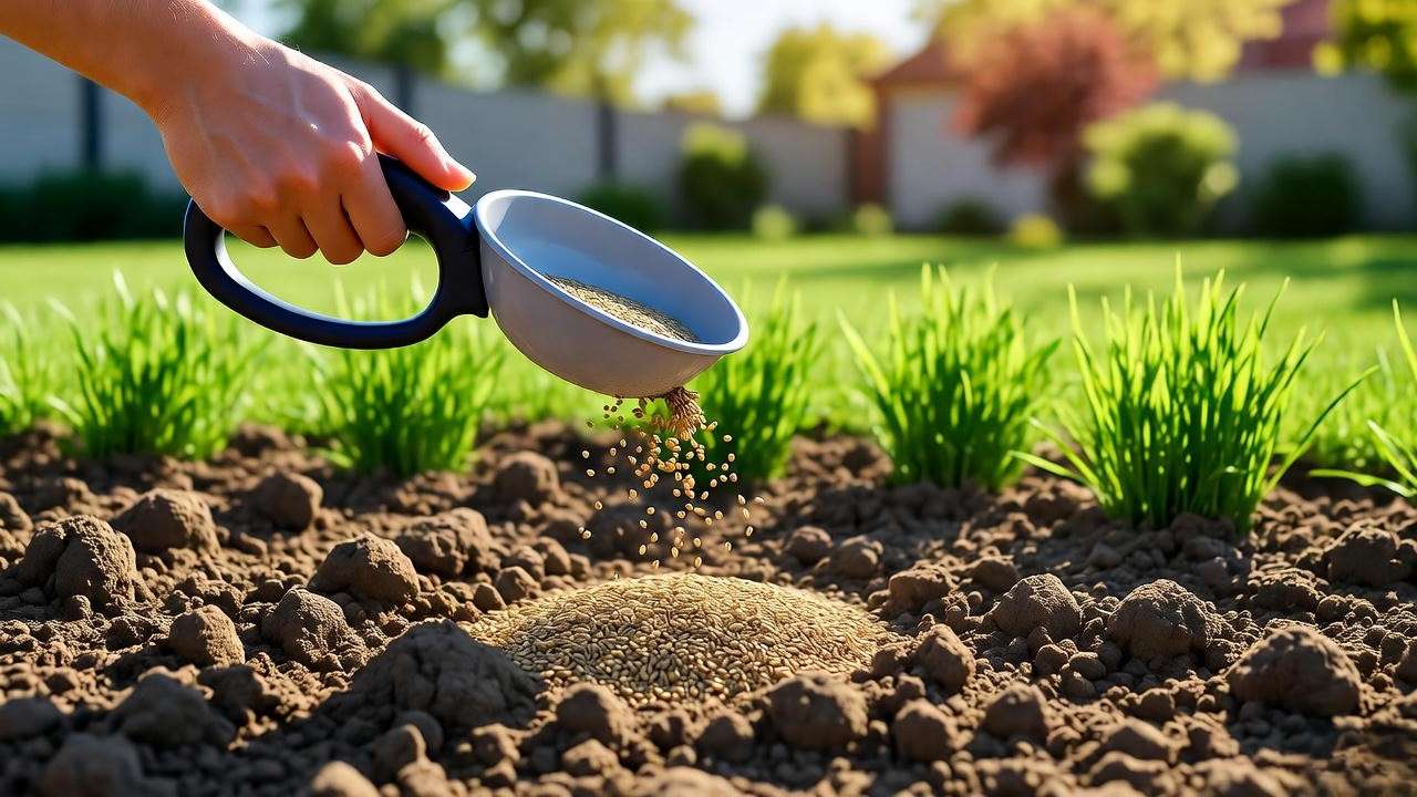 Gardener spreading grass seed on soil to grow lush grass plants in a sunny backyard lawn.