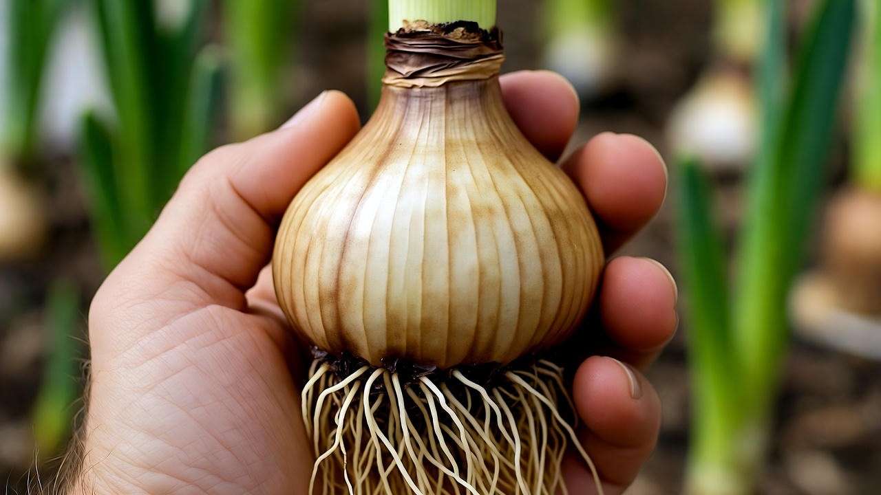 "Close-up of hand selecting high-quality narcissus bulb for planting in a garden."