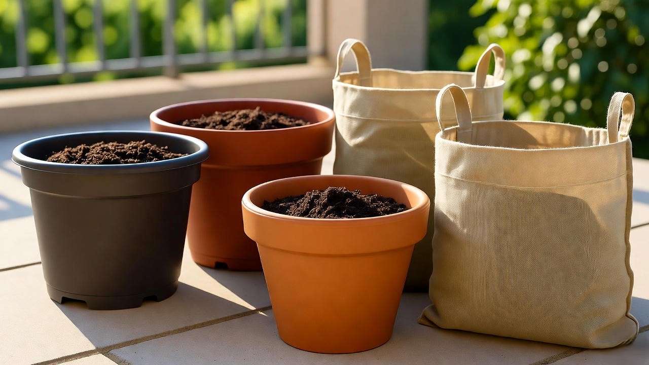 Various containers and custom soil mix for growing patio tomato plants in small spaces.