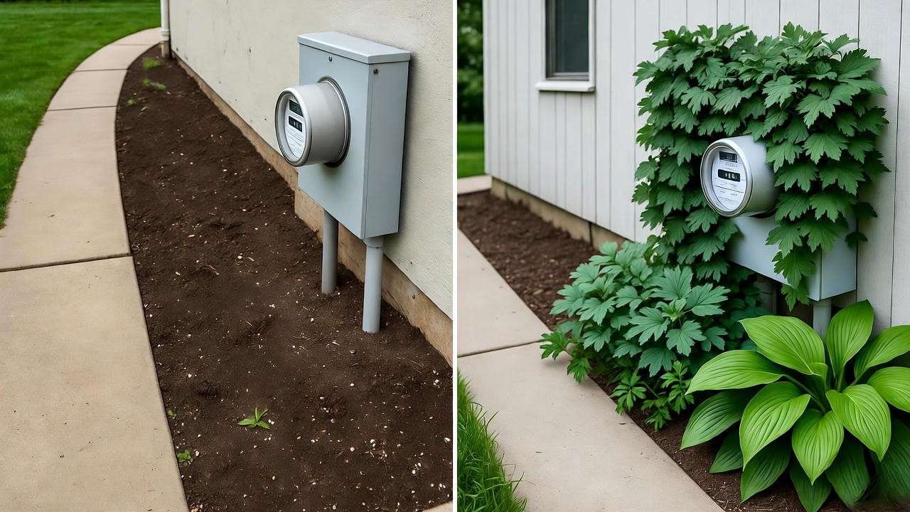 Before and after: utility meter hidden using camouflage plants like Ajuga and Hosta in shade garden