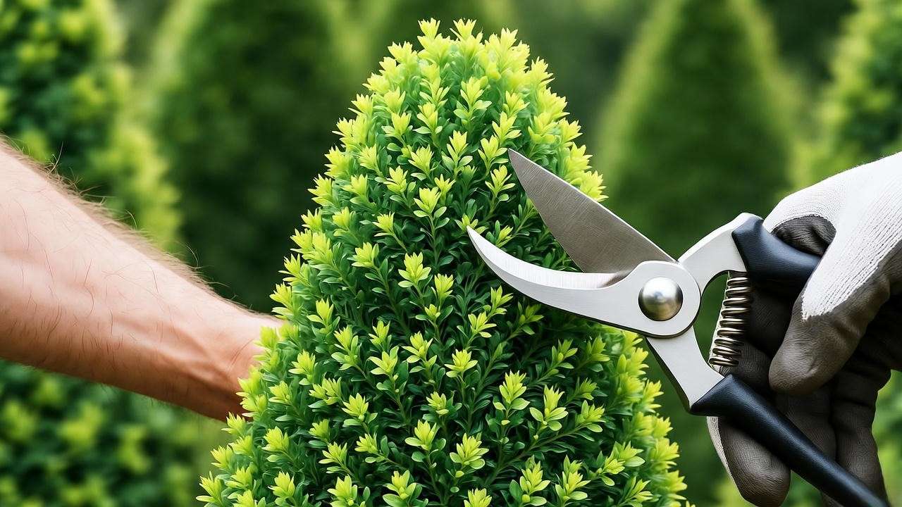 Gardener pruning a Eugenia topiary into a conical shape with tools