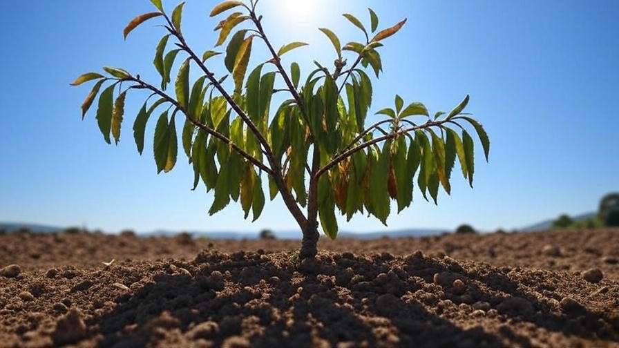 Cherry tree with wilting leaves and browning edges showing heat stress symptoms".

