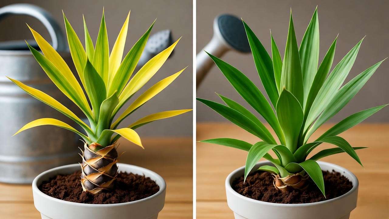 Comparison of overwatered yucca with yellow leaves and healthy yucca plant."