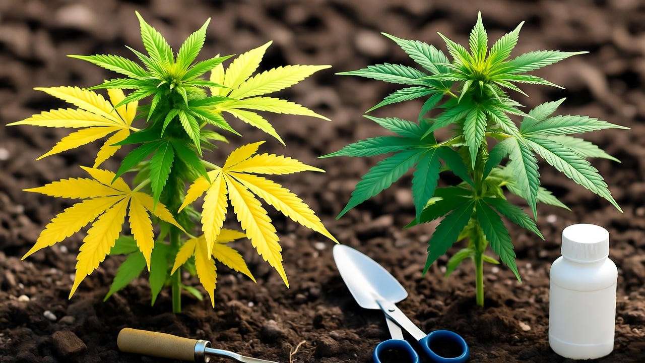 Cannabis plant with yellowing leaves next to a healthy topped plant"