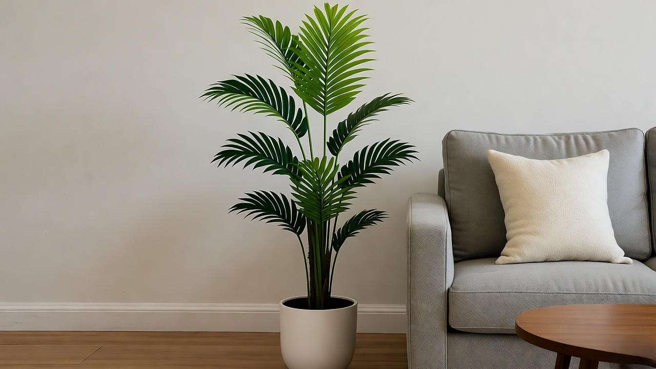 Medium faux ficus plant enhancing a cozy living room corner with sofa and coffee table".