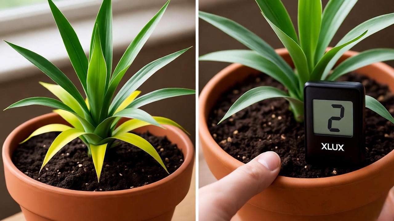 before and after yucca cane overwatering recovery with finger soil test and moisture meter