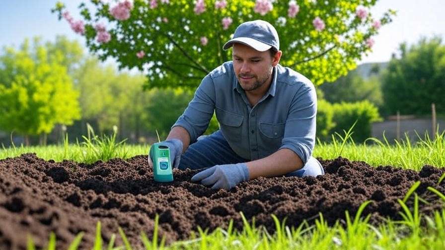 Gardener testing soil pH near a cherry tree with budding flowers in sunlight.