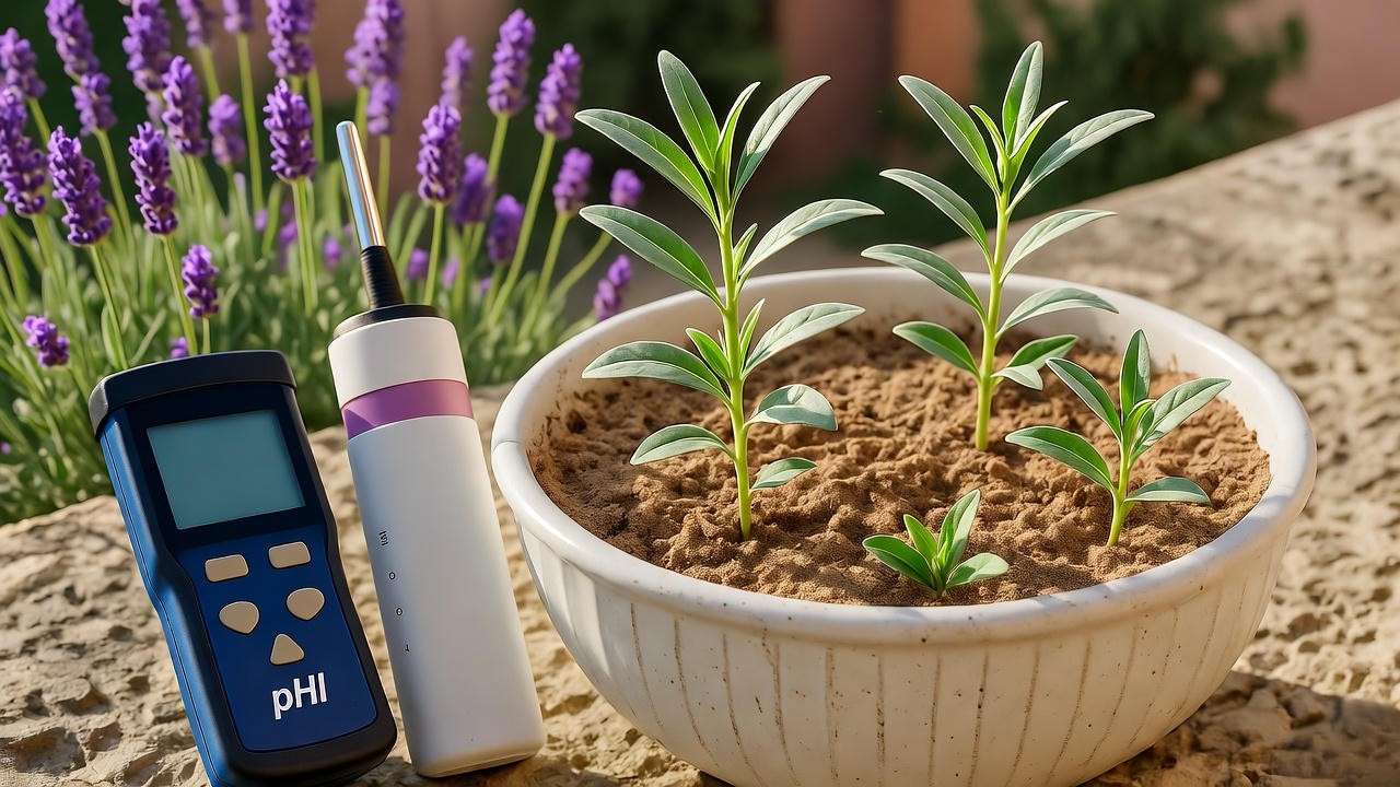 Curry plant seedlings in well-draining sandy loam with pH and light meters