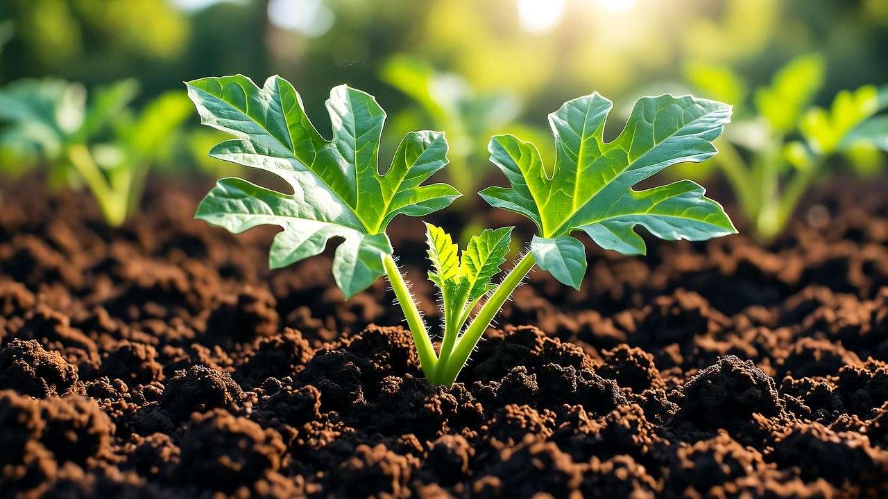 Young watermelon plant in enriched loamy soil for optimal growth"