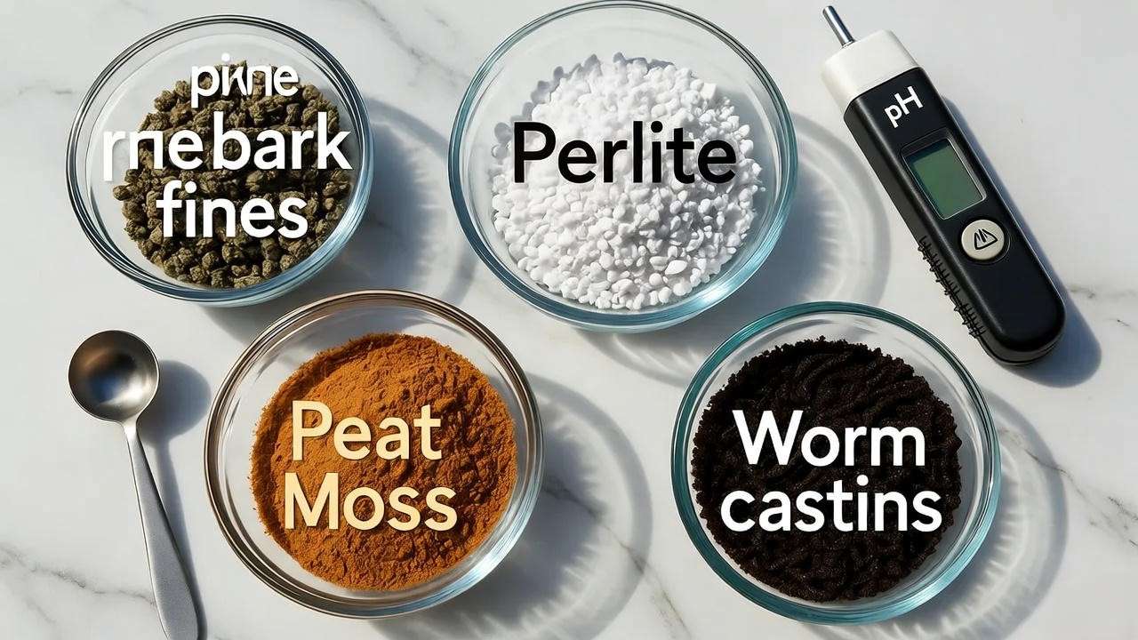 Ingredients for pH-balanced Citrus medica soil mix with pine bark, perlite, and worm castings
