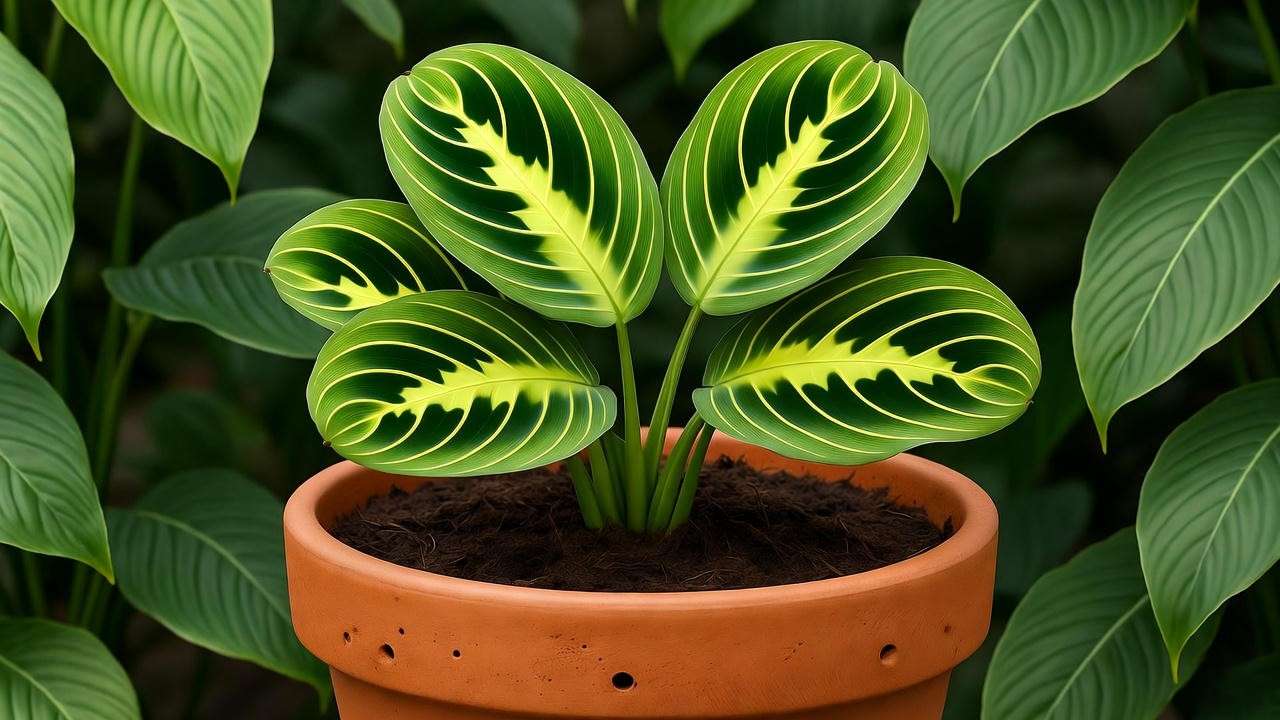 Lemon Lime Prayer Plant in a terracotta pot with well-draining peat mix."