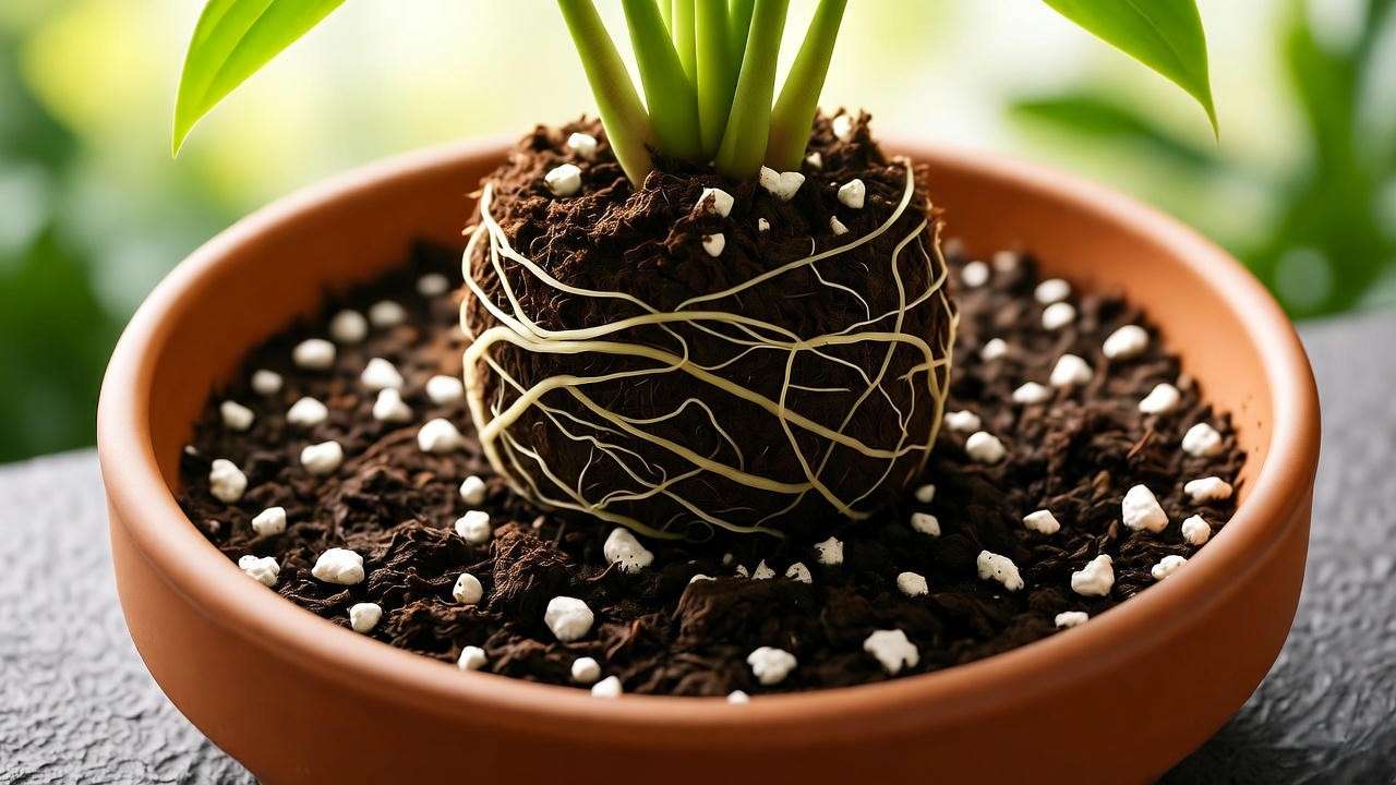 Close-up of Ring of Fire plant repotting with well-draining soil mix in terracotta pot."
