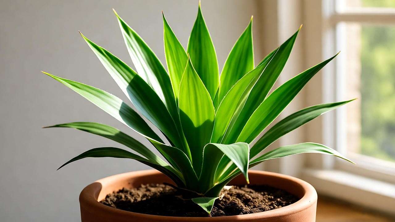 Close-up of a yucca plant in well-draining soil in a terracotta pot with sunlight."