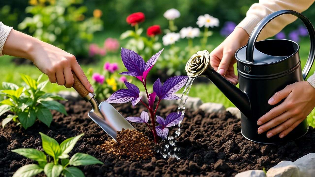 Step-by-step soil preparation and planting of Purple Heart in a gothic garden."