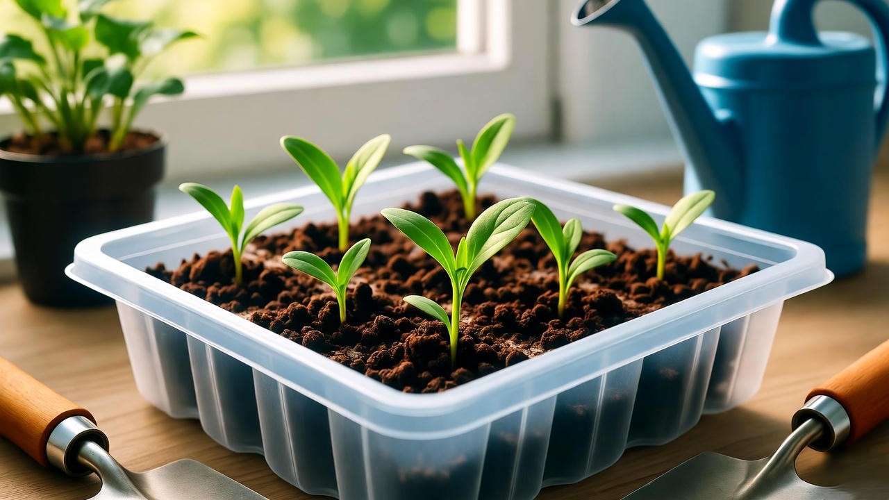Seed tray with sprouting carnation seedlings, potting mix, and gardening tools in a sunny indoor setting."