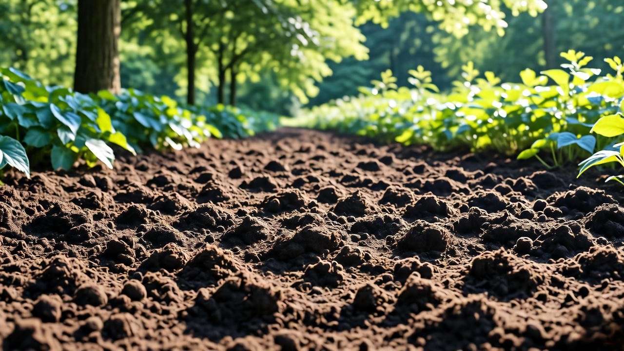 Rich, moist soil with compost for Angelica Gigas plants in a shaded garden."