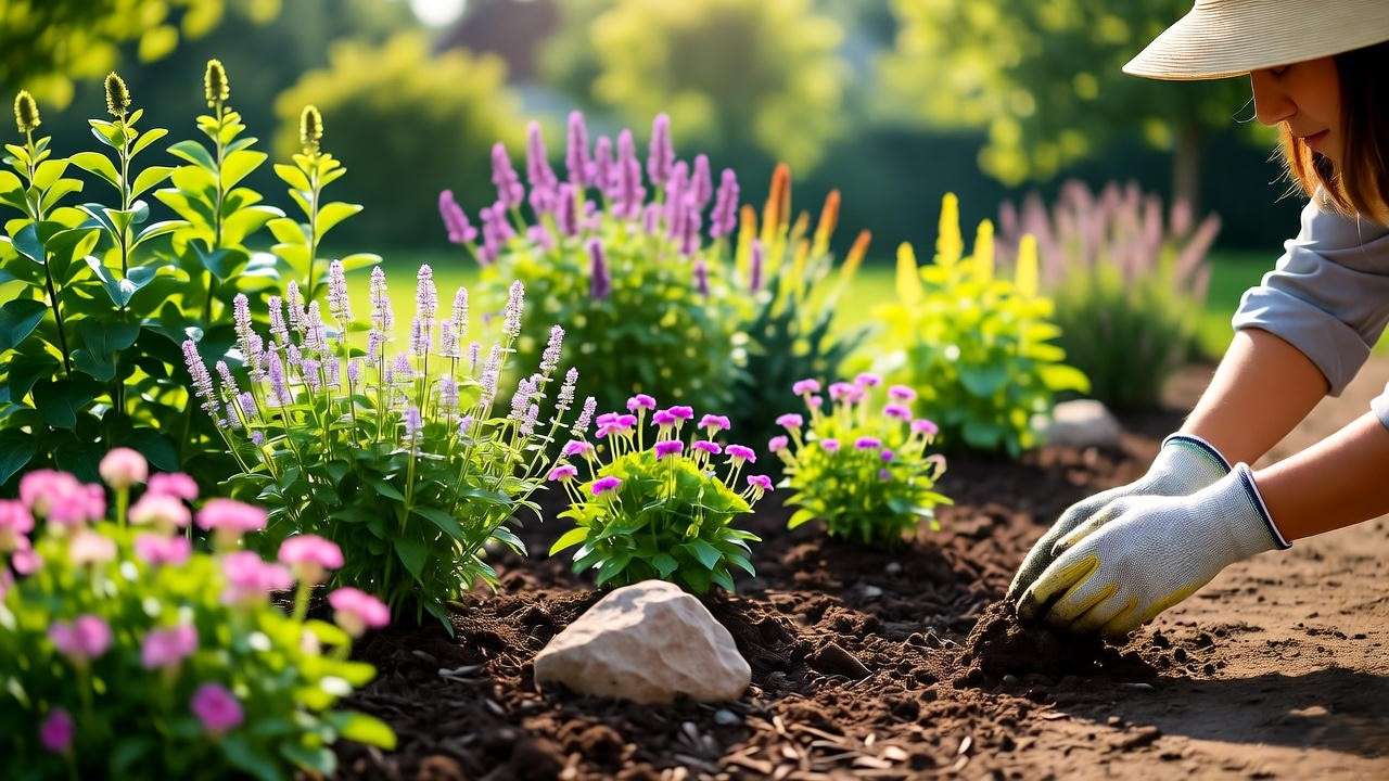 Gardener preparing loamy soil with compost for blue peony plants in a vibrant garden setting."