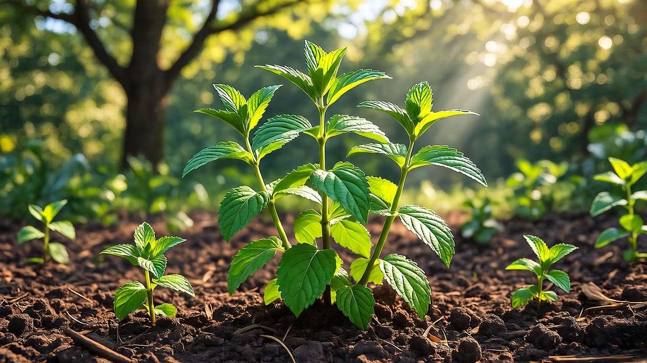 Ginger mint plant growing in well-draining loamy soil with compost and mulch in a garden.