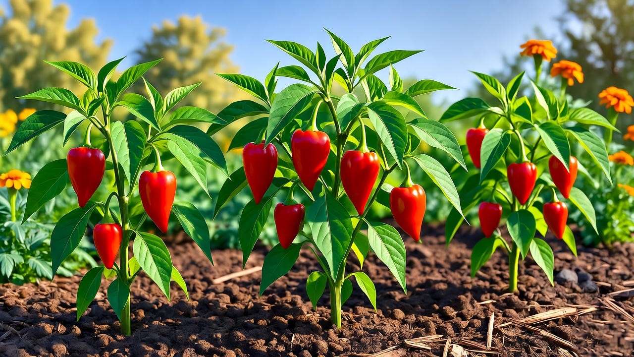 Sunny garden bed with healthy cherry hot pepper plants and mulch."