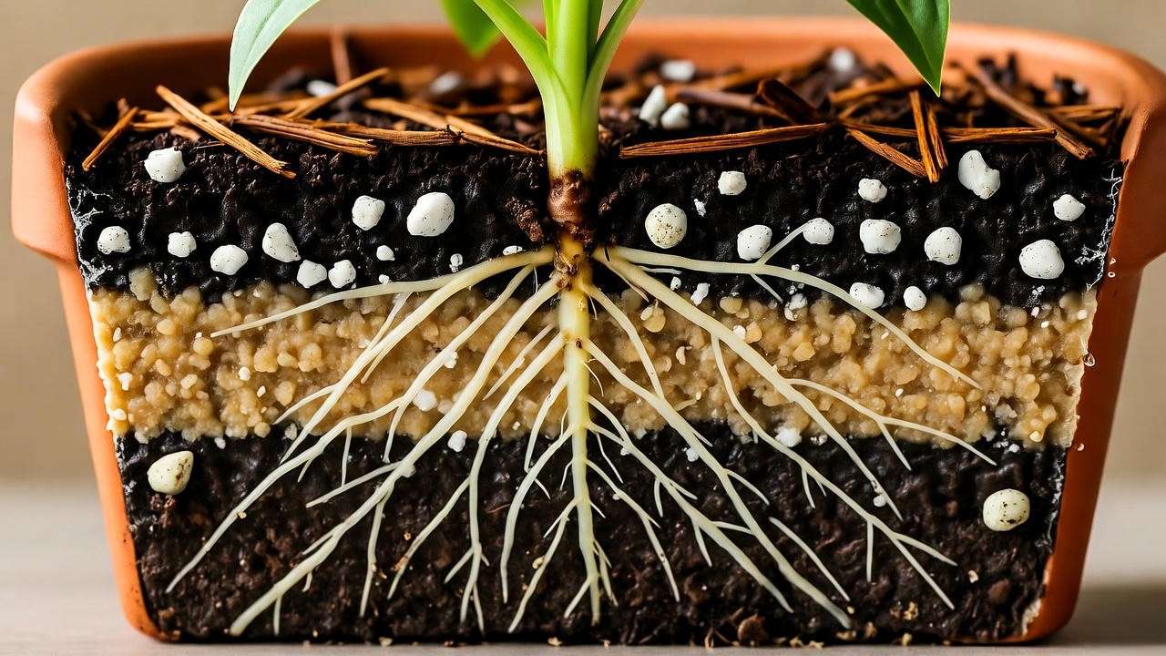Well-draining soil mix for Celosia Dracula plant roots with perlite and compost layers to prevent rot and promote healthy growth.