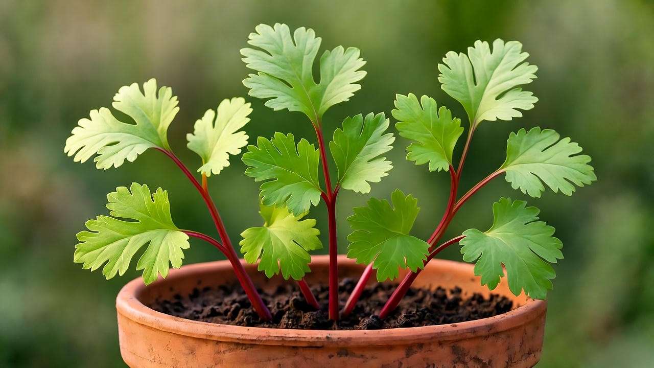 Vietnamese cilantro plant growing in a terracotta pot with well-draining soil in a lush garden"