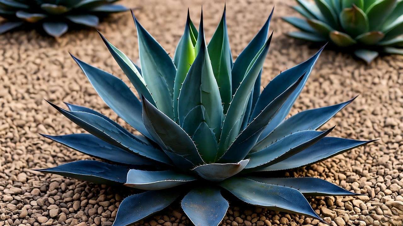 Black agave plant thriving in well-draining cactus soil with pebbles under bright sunlight.'