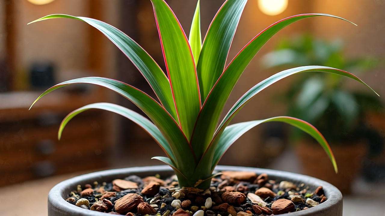 "Dragon tail plant in well-draining soil mix with perlite in a pot with drainage holes."