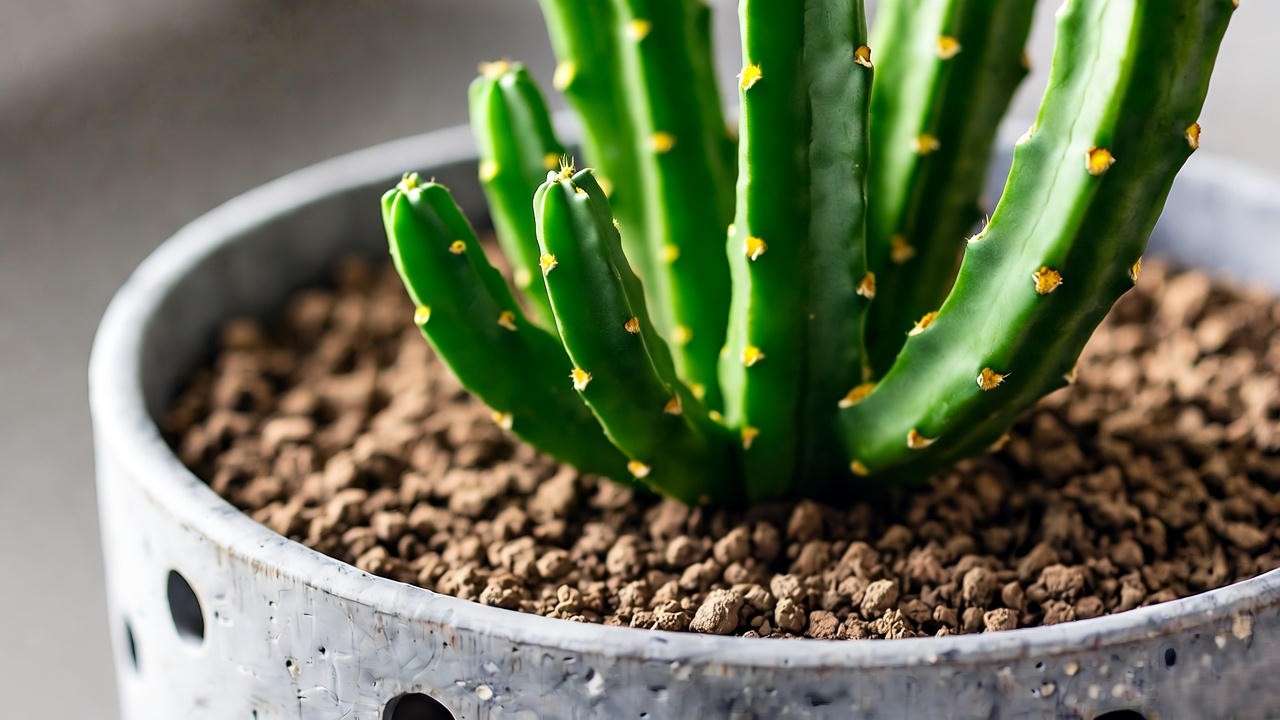 Close-up of a pencil cactus plant in a pot with drainage holes and well-draining soil."