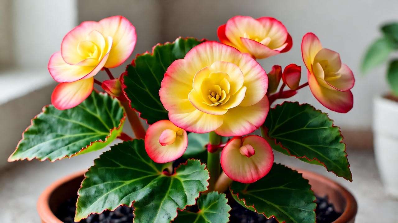 Close-up of Rieger begonia plant in a well-draining pot with vibrant blooms and glossy leaves.