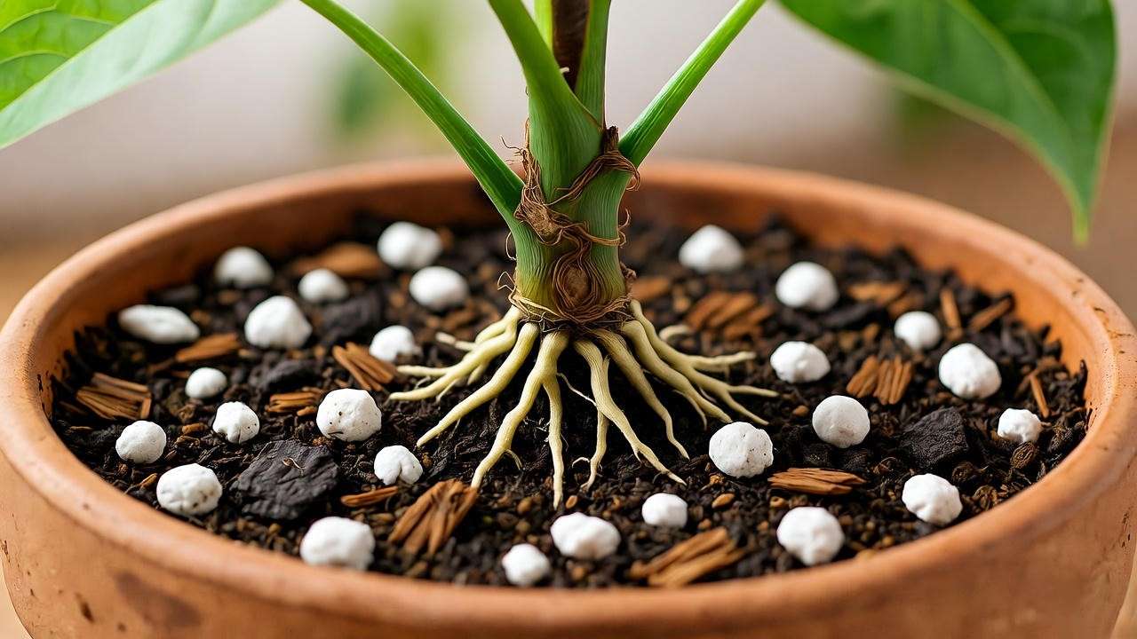 Close-up of a well-draining soil mix with peat moss and perlite for a healthy Cissus discolor plant."