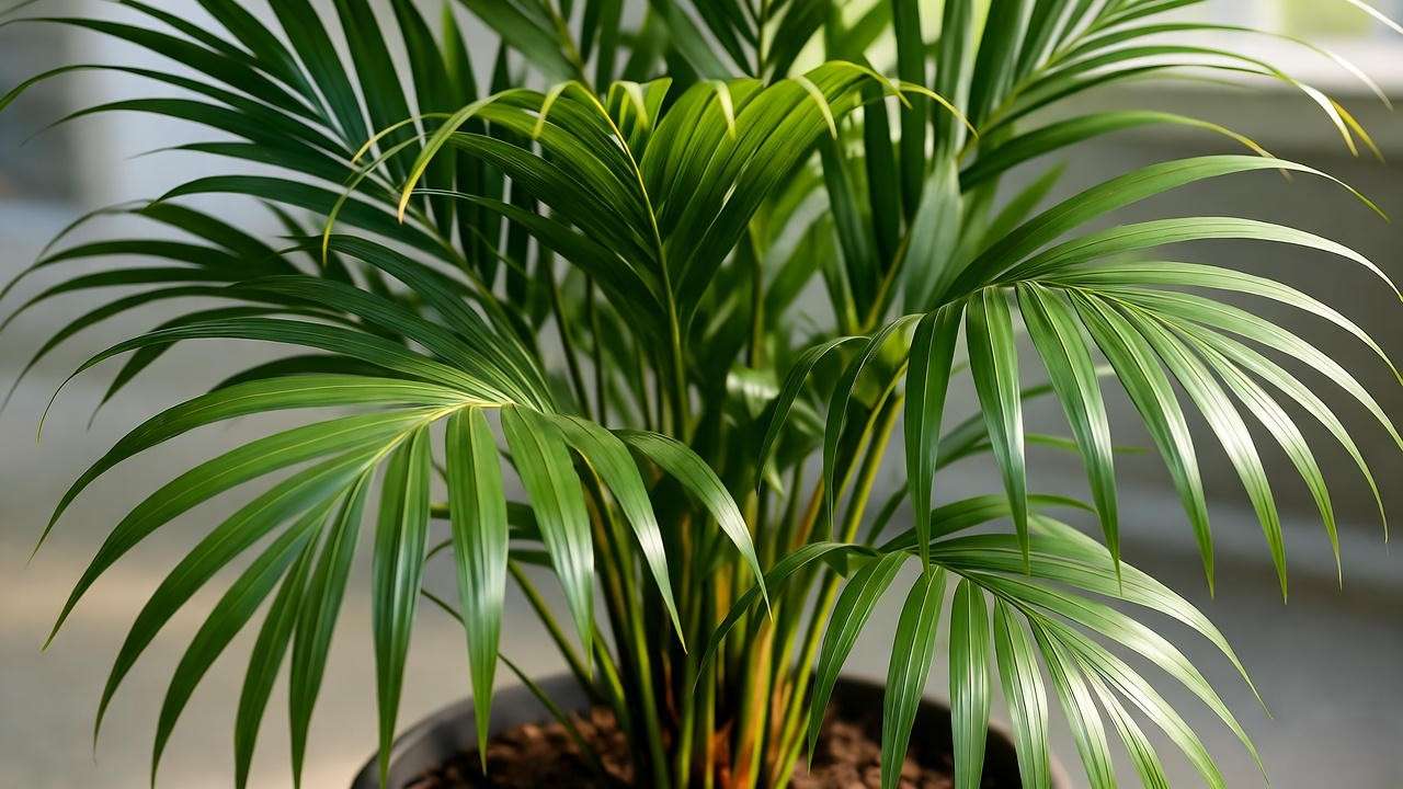Close-up of a Neanthe Bella Palm plant in a well-draining pot with lush green fronds in a bright indoor setting."