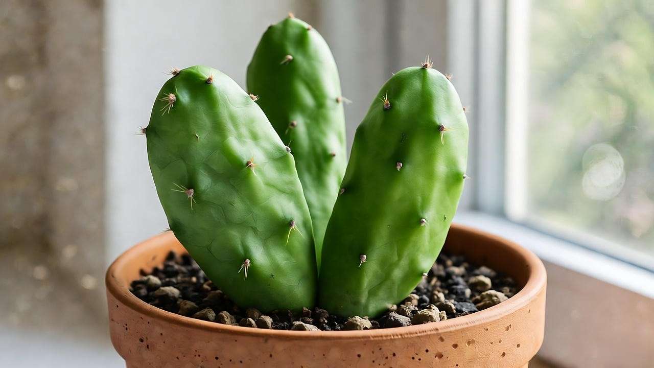 Close-up of a peanut cactus plant in well-draining soil mix and terracotta pot near a window."
