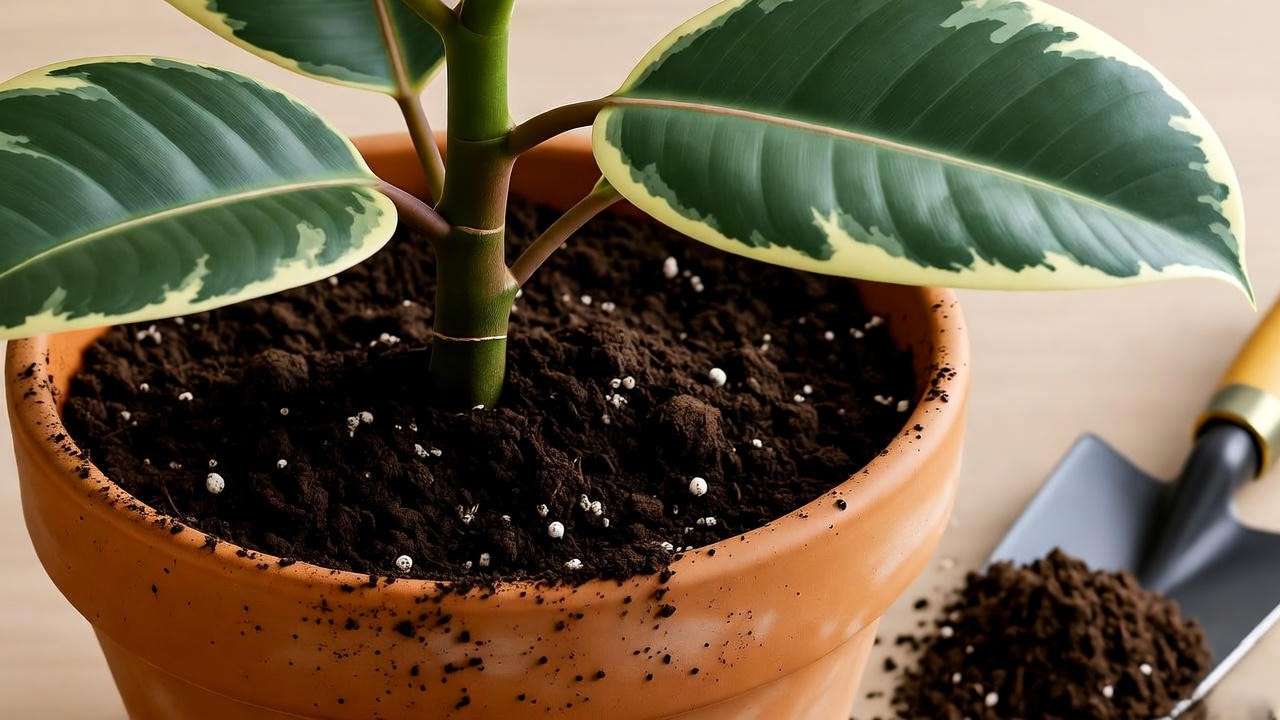 "Repotting a variegated rubber plant into a terracotta pot with well-draining soil mix."