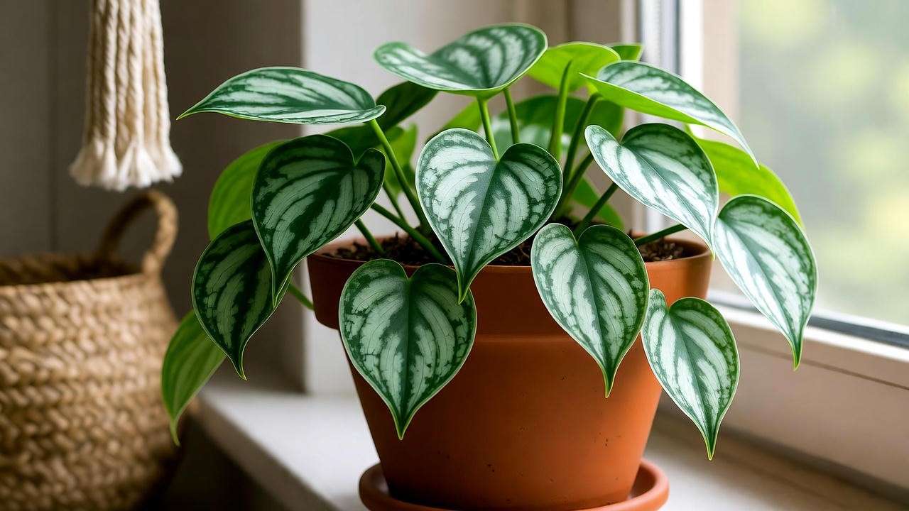 Close-up of a broken heart plant in terracotta pot with drainage holes on a sunny windowsill."