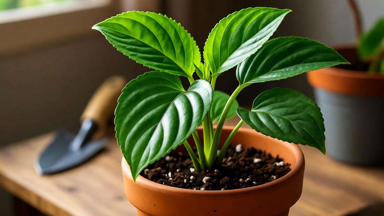 Happy bean plant in a well-draining soil mix and terracotta pot with drainage holes.