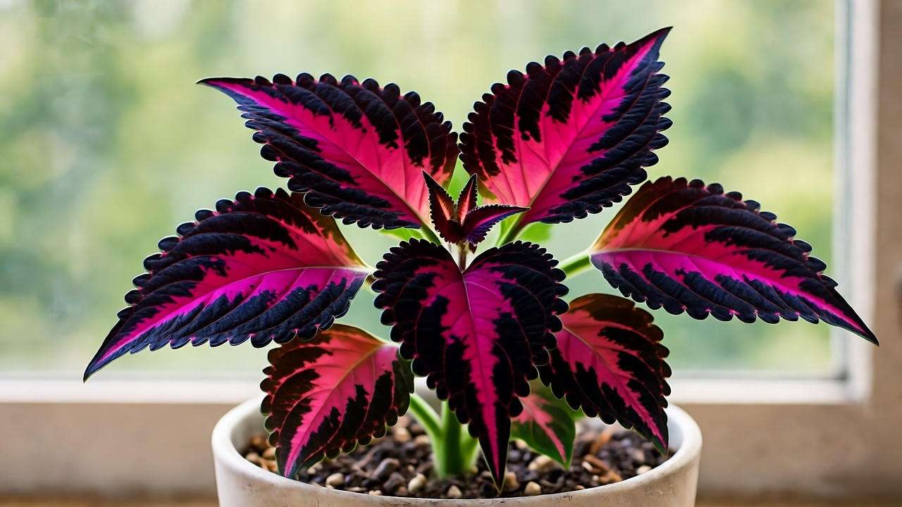 Close-up of Coleus Black Dragon plant in well-draining potting mix with vibrant purple-black leaves."