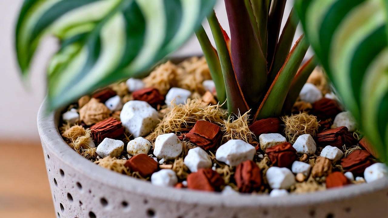 Well-draining soil mix with peat moss and perlite for Painted Lady plant in a pot with drainage holes."