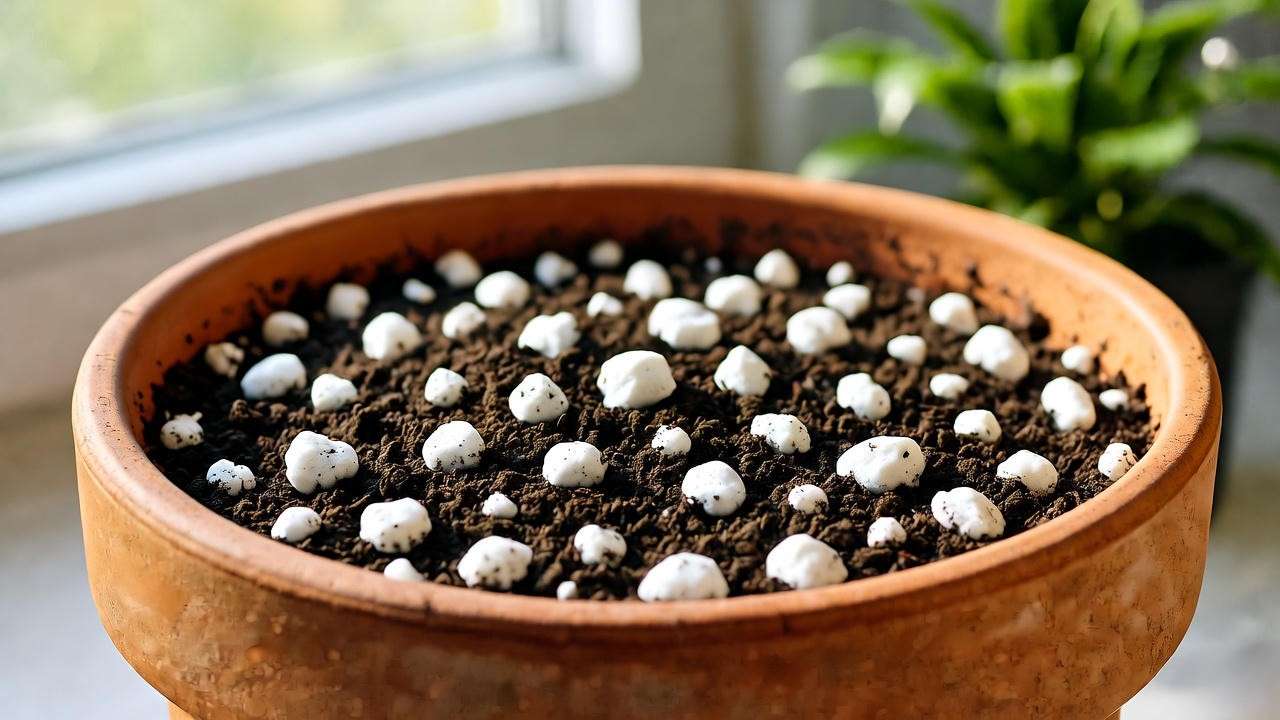 "Close-up of terracotta pot with well-draining cactus soil mix and perlite for string of dolphins plant care".