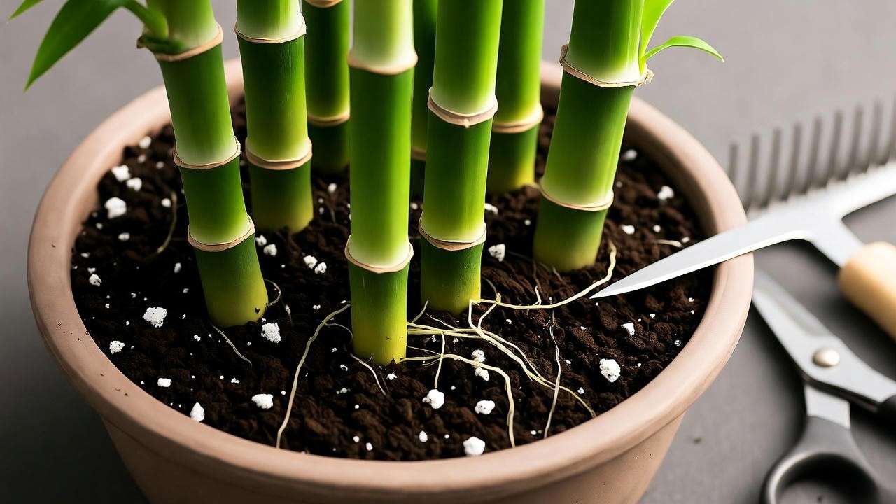 Bonsai bamboo plant repotting with well-draining soil and bonsai tools"