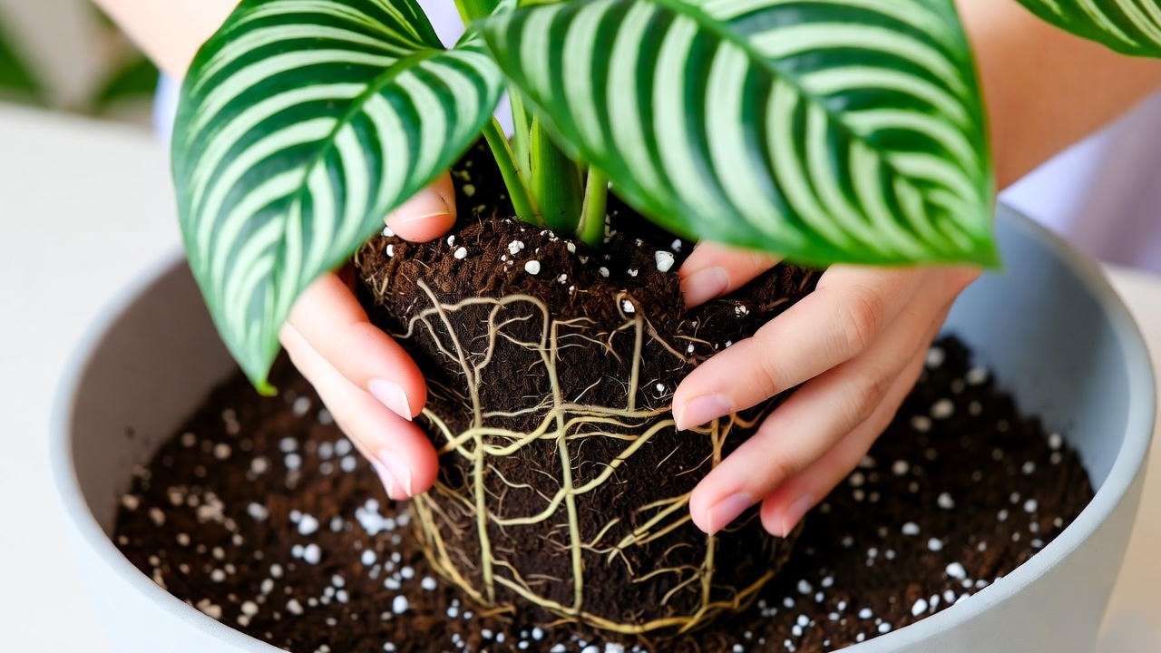 "Zebra plant being repotted with fresh soil and perlite."