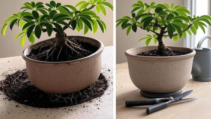 Step-by-step repotting of a Schefflera bonsai tree with tools and fresh soil in a ceramic pot."