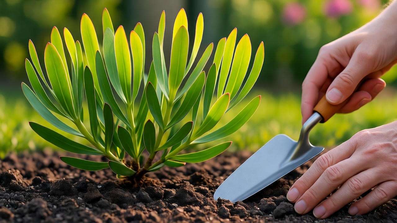 Leucadendron plant with yellowing leaves due to overwatering, gardener inspecting soil."