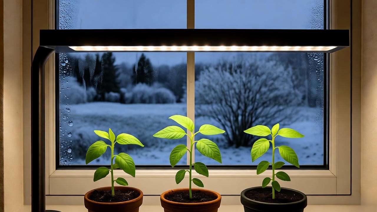 Curry plant seedlings under LED grow light on winter windowsill