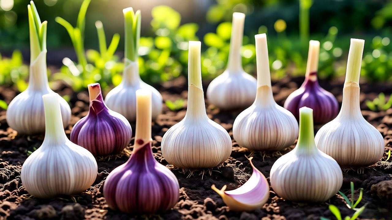 Close-up of hardneck and softneck garlic bulbs on a planting grid for optimal spacing."
