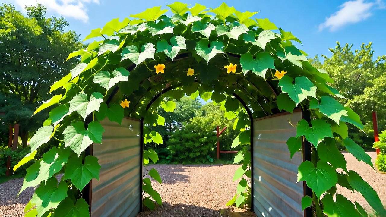 Coyote gourd plant trained on DIY cattle-panel arch in xeriscape garden