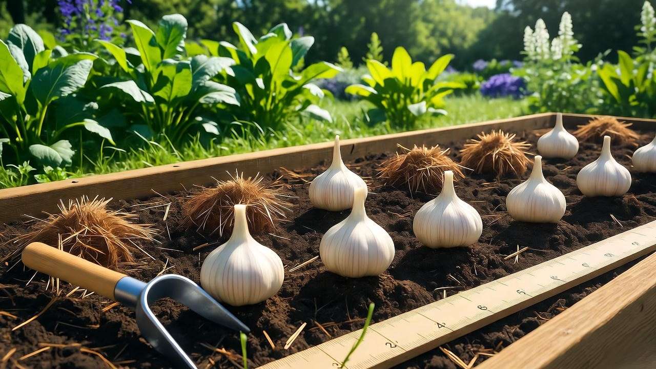 "Garlic cloves planted at 4-5 inch intervals in a raised garden bed with mulch and tools."