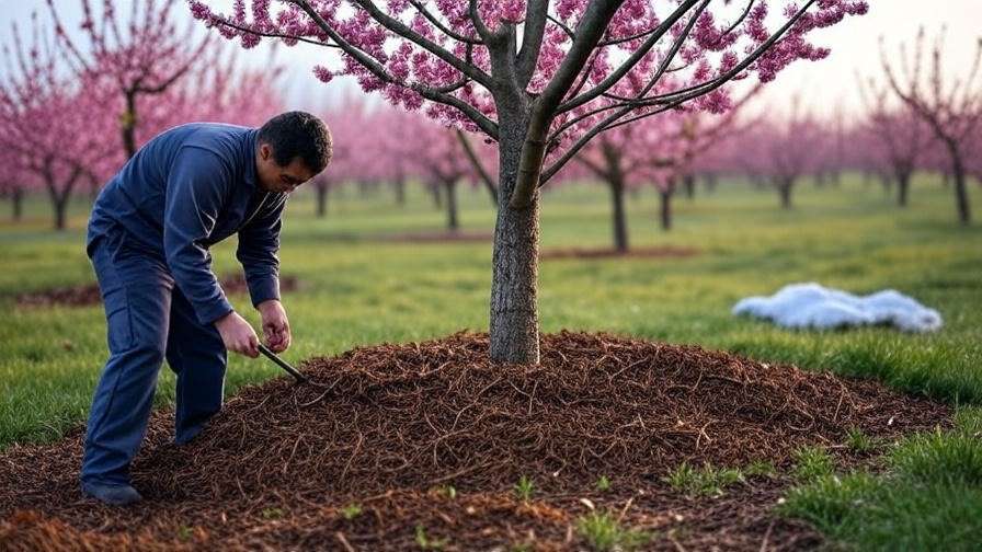 Gardener mulching a cherry tree with blossoms under a spring sky.
