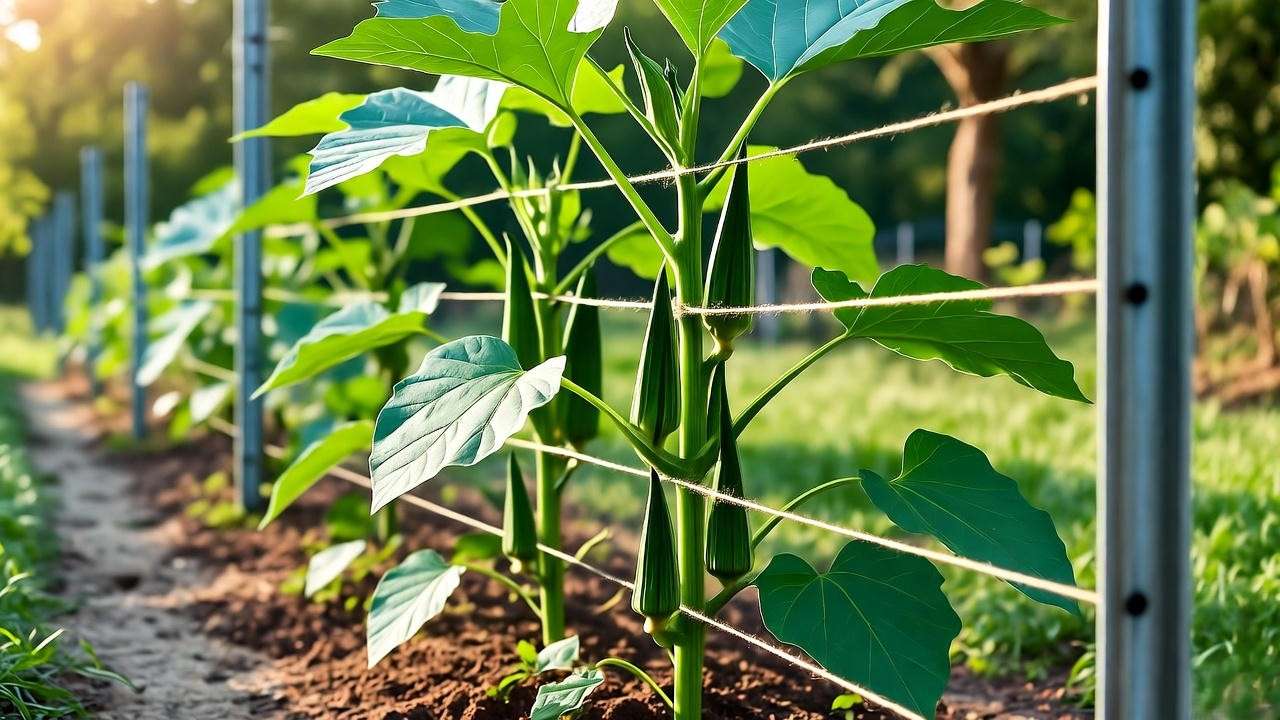 Florida weave trellis supporting full grown okra plants