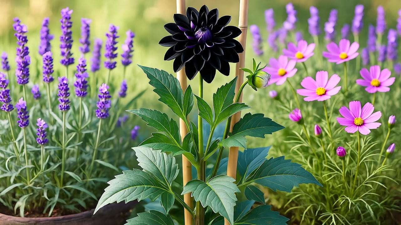 Black dahlia plant with bamboo stake and companion plants in garden".